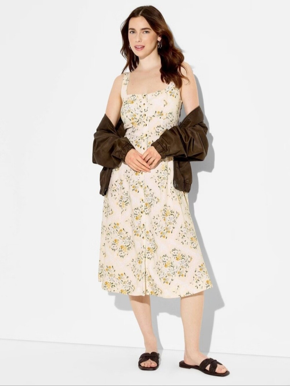 Women's Button-Front Midi A-Line Dress - Wild Fable Light Yellow Floral S